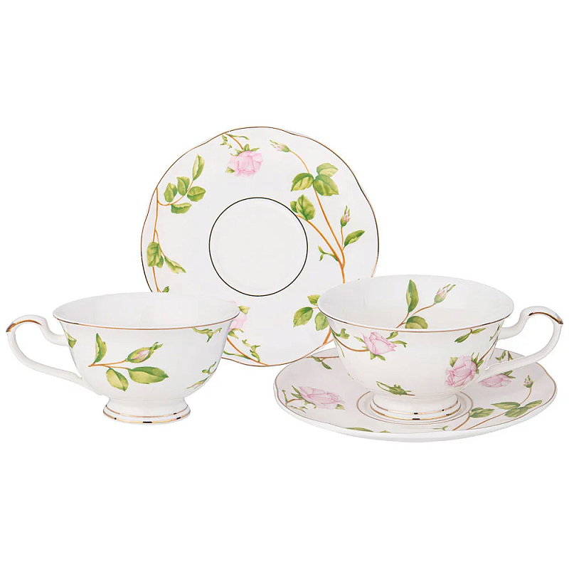 Чайный набор из фарфора белый с цветочным принтом на 2 персоны 4 предмета Flower Porcelain Collection Белый Мульти в Костроме | Loft Concept 