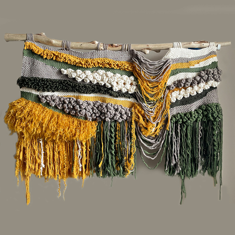 Дизайнерское текстильное Панно с оранжевыми вставками Белый Оранжевый Коричневый в Костроме | Loft Concept 