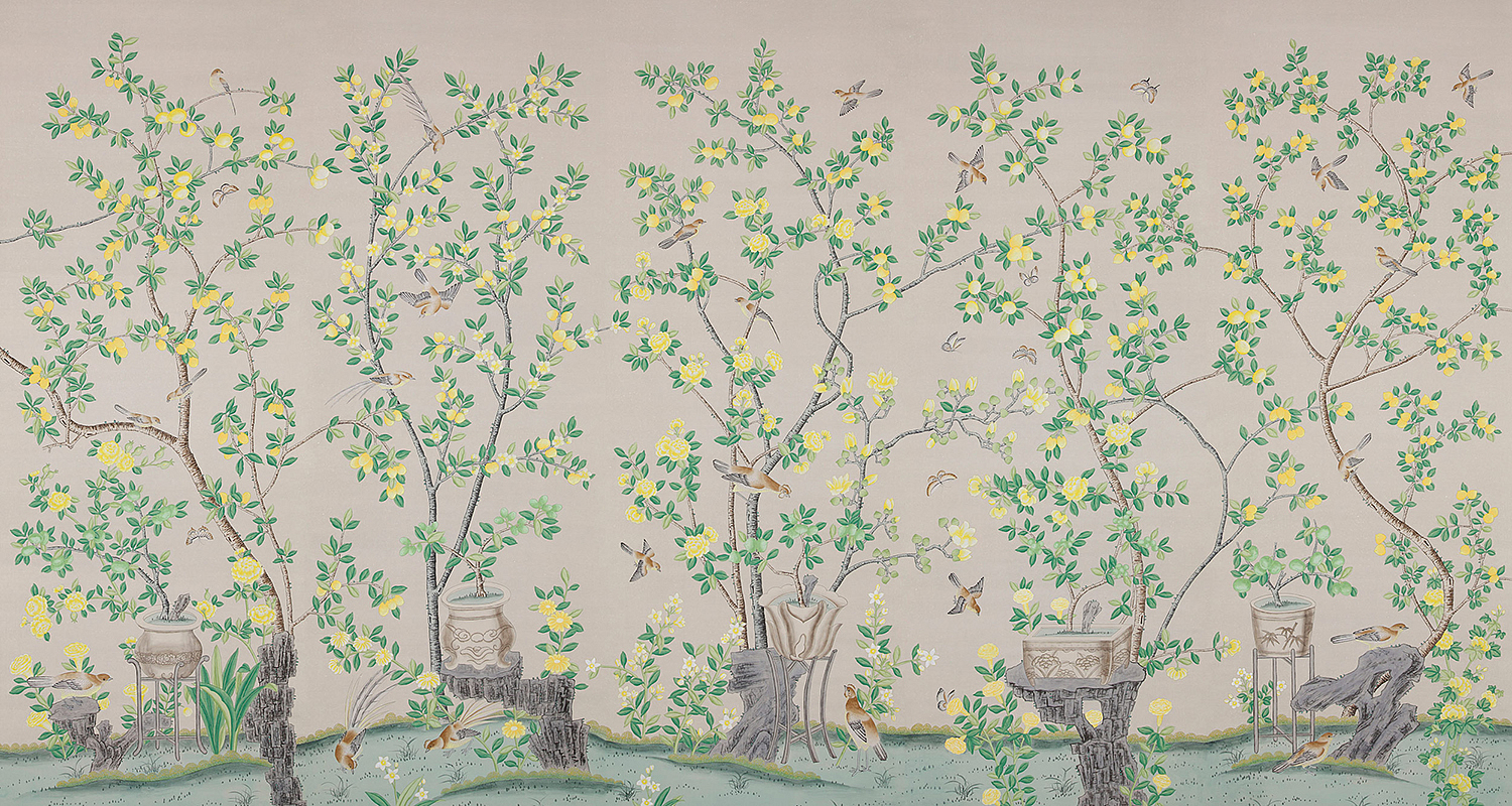 Обои ручная роспись Jardinieres & Citrus Trees Silver metallic Обои ручная роспись Jardinieres & Citrus Trees Silver metallic - Loft-Concept в Костроме