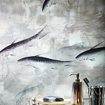 Обои ручная роспись Fishes Blue Pearl on Tarnished Silver gilded silk with pearlescent antiquing варинант исполнения - 5 | Loft Concept в Костроме