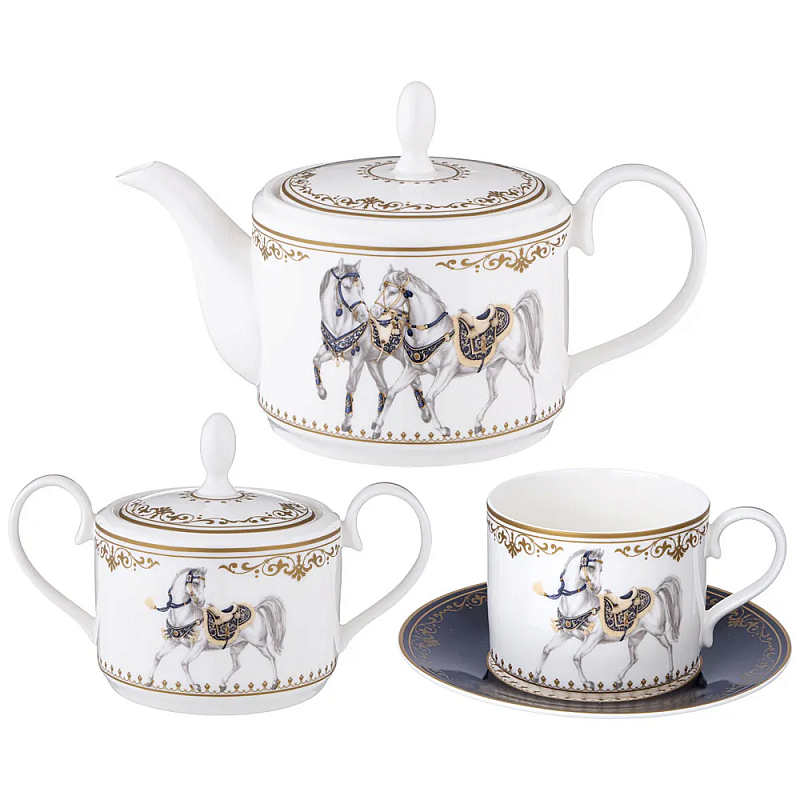 Чайный сервиз из фарфора с изображением лошадей на 6 персон 14 предметов Porcelain Horse Set Белый Синий Чайный сервиз из фарфора с изображением лошадей на 6 персон 14 предметов Porcelain Horse Set Белый Синий в Костроме | Loft Concept