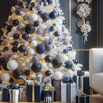 Украшенная Белая Новогодняя Елка с сине-белыми шарами и и муляжами подарков в комплекте варинант исполнения - 2 | Loft Concept в Костроме