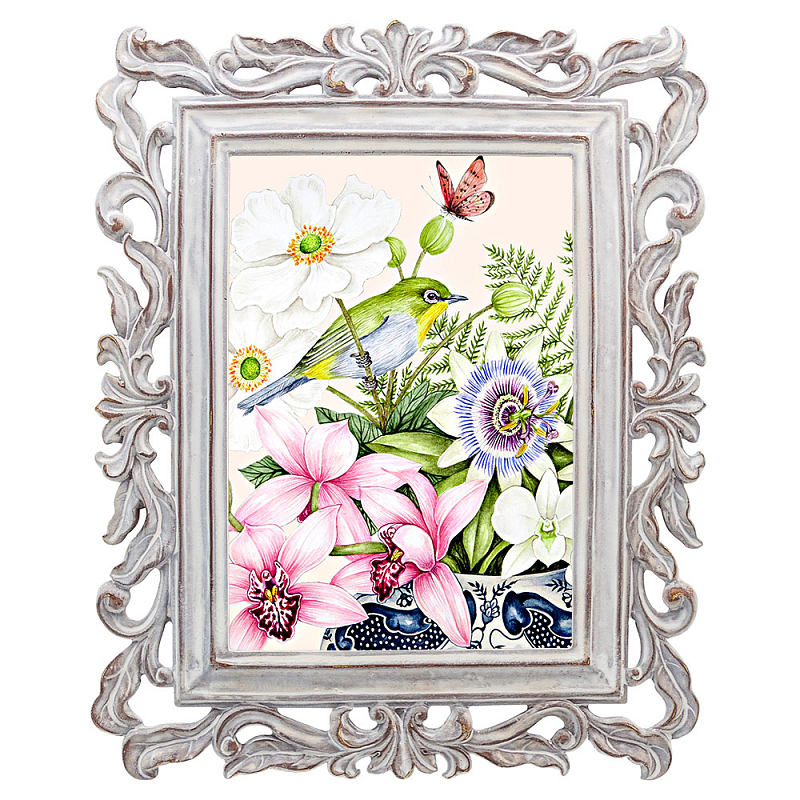 Постер Bird on Exotic Flowers Poster Мульти Белый винтажная патина Постер Bird on Exotic Flowers Poster Мульти Белый винтажная патина в Костроме | Loft Concept