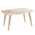 Обеденный стол с прямоугольной бежевой столешницей из стекла на 4-х деревянных ножках Beige Marble варинант исполнения - 1 | Loft Concept в Костроме