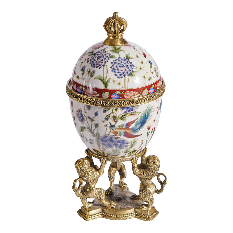Шкатулка в форме яйца на величественных львах из фарфора с бронзовыми элементами Eden Garden Белый Черный Бронза Мульти в Костроме | Loft Concept 