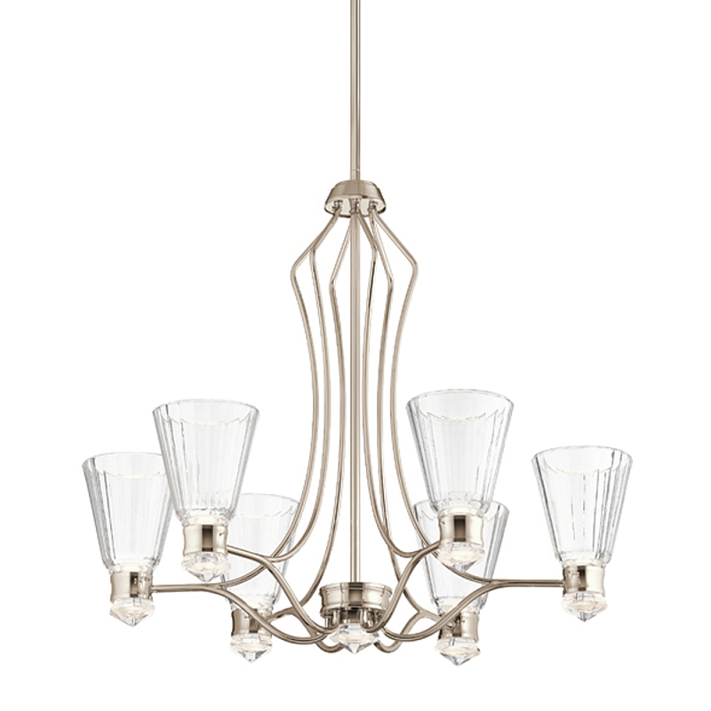 Люстра цвета никель с 6-ю рифлеными стеклянными плафонами и изогнутым каркасом Kichler Никель Белый Прозрачное Стекло в Костроме | Loft Concept 