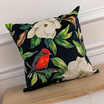 Декоративная подушка чёрная с изображением птиц и цветов Blooming Reds Birds варинант исполнения - 2 | Loft Concept в Костроме