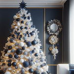 Украшенная Белая Новогодняя Елка с сине-белыми шарами и и муляжами подарков в комплекте варинант исполнения - 1 | Loft Concept в Костроме