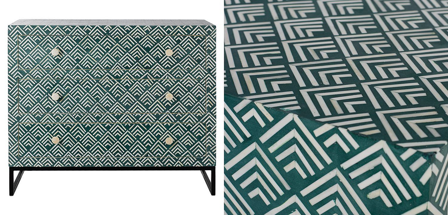 Комод инкрустация костью Green Indian Bone Inlay 3 drawer Зеленый Комод инкрустация костью Green Indian Bone Inlay 3 drawer Зеленый - Loft-Concept в Костроме