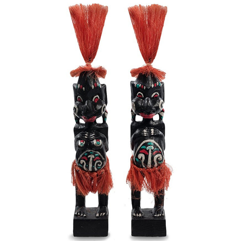 Комплект из 2-х деревянных статуэток Asmat Red Straw Headdress Statuettes Черный Красный Белый Бирюзовый Комплект из 2-х деревянных статуэток Asmat Red Straw Headdress Statuettes Черный Красный Белый Бирюзовый в Костроме | Loft Concept