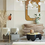 Дизайнерский журнальный стол округлой формы чёрный с золотой столешницей Fufem варинант исполнения - 2 | Loft Concept в Костроме