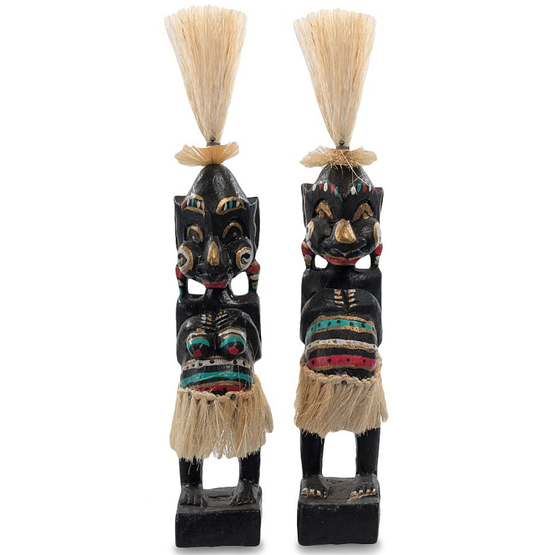 Комплект из 2-х деревянных статуэток Asmat Straw Headdress Statuettes Black Colorful Tattoo Черный Бежевый Мульти Бирюзовый Красный Комплект из 2-х деревянных статуэток Asmat Straw Headdress Statuettes Black Colorful Tattoo Черный Бежевый Мульти Бирюзовый Красный в Костроме | Loft Concept
