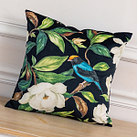 Декоративная подушка чёрная с изображением птиц и цветов  Blooming Blue Birds варинант исполнения - 2 | Loft Concept в Костроме