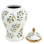 Ваза белая с крышкой с рисунком зеленых и золотых листьев 48 см Chinoiserie Ceramics варинант исполнения - 3 | Loft Concept в Костроме