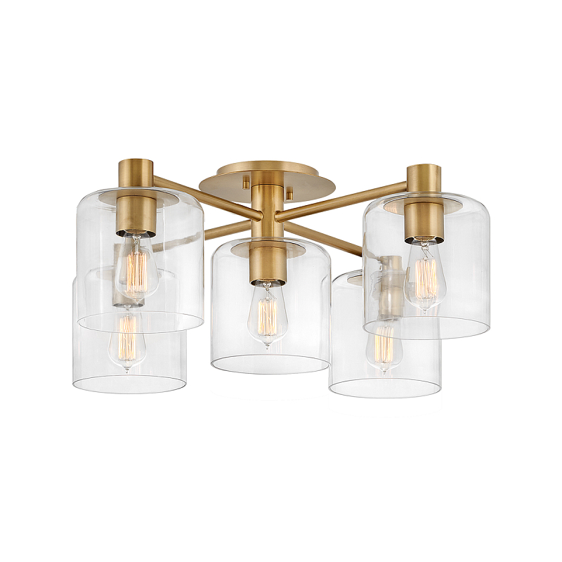 Потолочный светильник цвета латунь с пятью прозрачными цилиндрическими плафонами Hinkley Латунь Прозрачное Стекло в Костроме | Loft Concept 